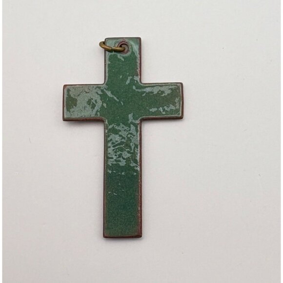 Vintage Enamel Cross Pendant Green and Bronze Tone Double Sided Religious - Picture 7 of 7